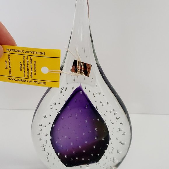 Polish Art Glass Handcrafted & Signed Mouth Blown Violet x Crystal Water Drop - Picture 7 of 7
